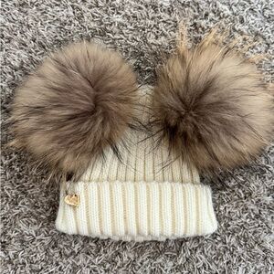 Chic Cream Beanie with Fluffy Brown Pom-Poms